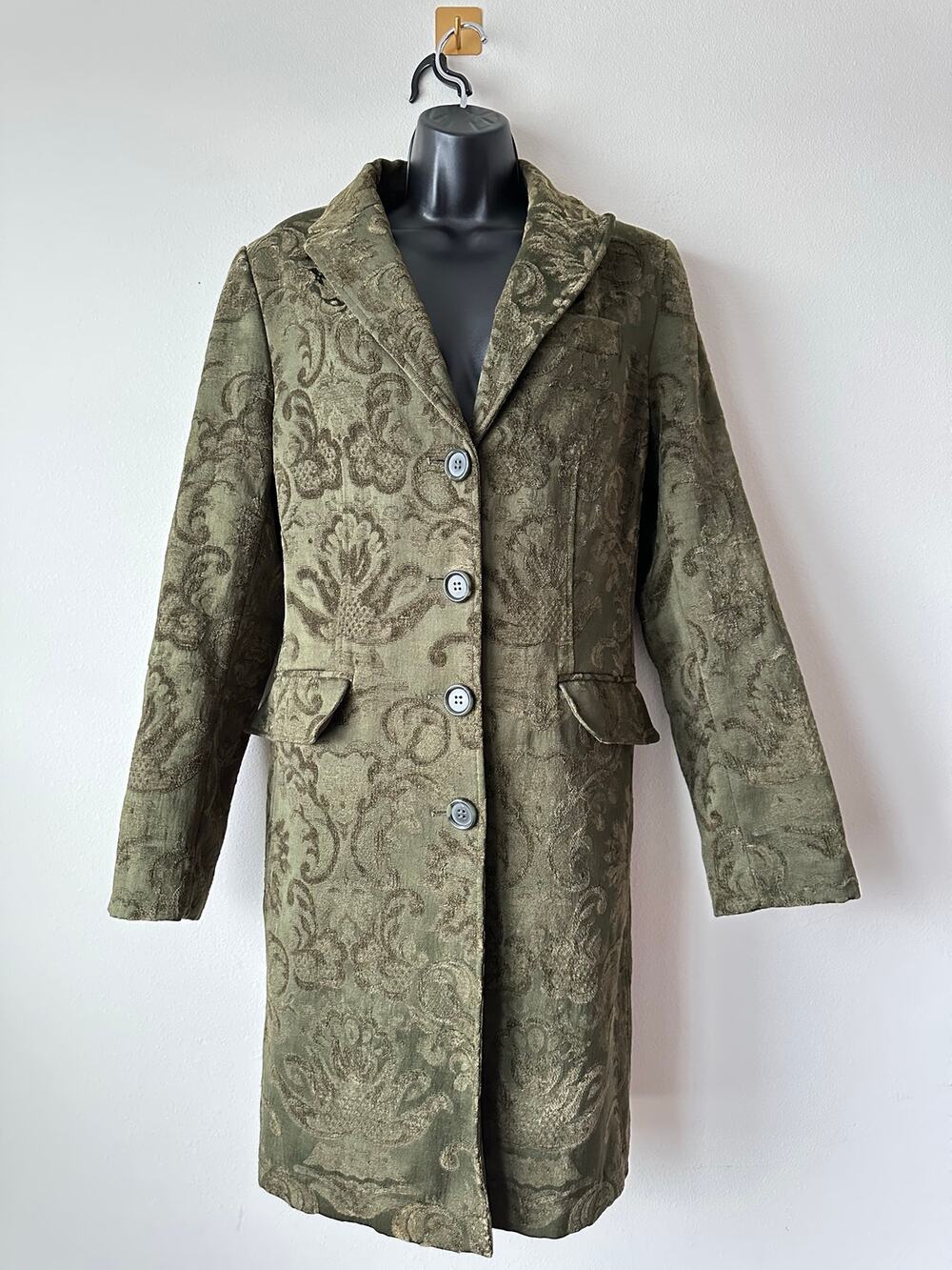 Vintage Olive Brocade Tapestry Long Coat Baroque Jacquard  Dark Romantic L